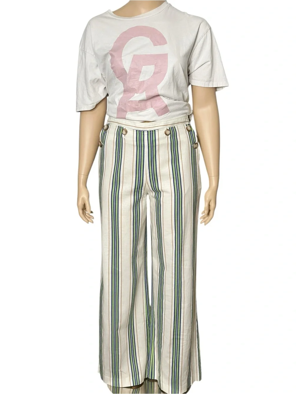 SÉZANE Clayton Linen Cotton Pants, Beige Blue Green Stripes, FR44/US12